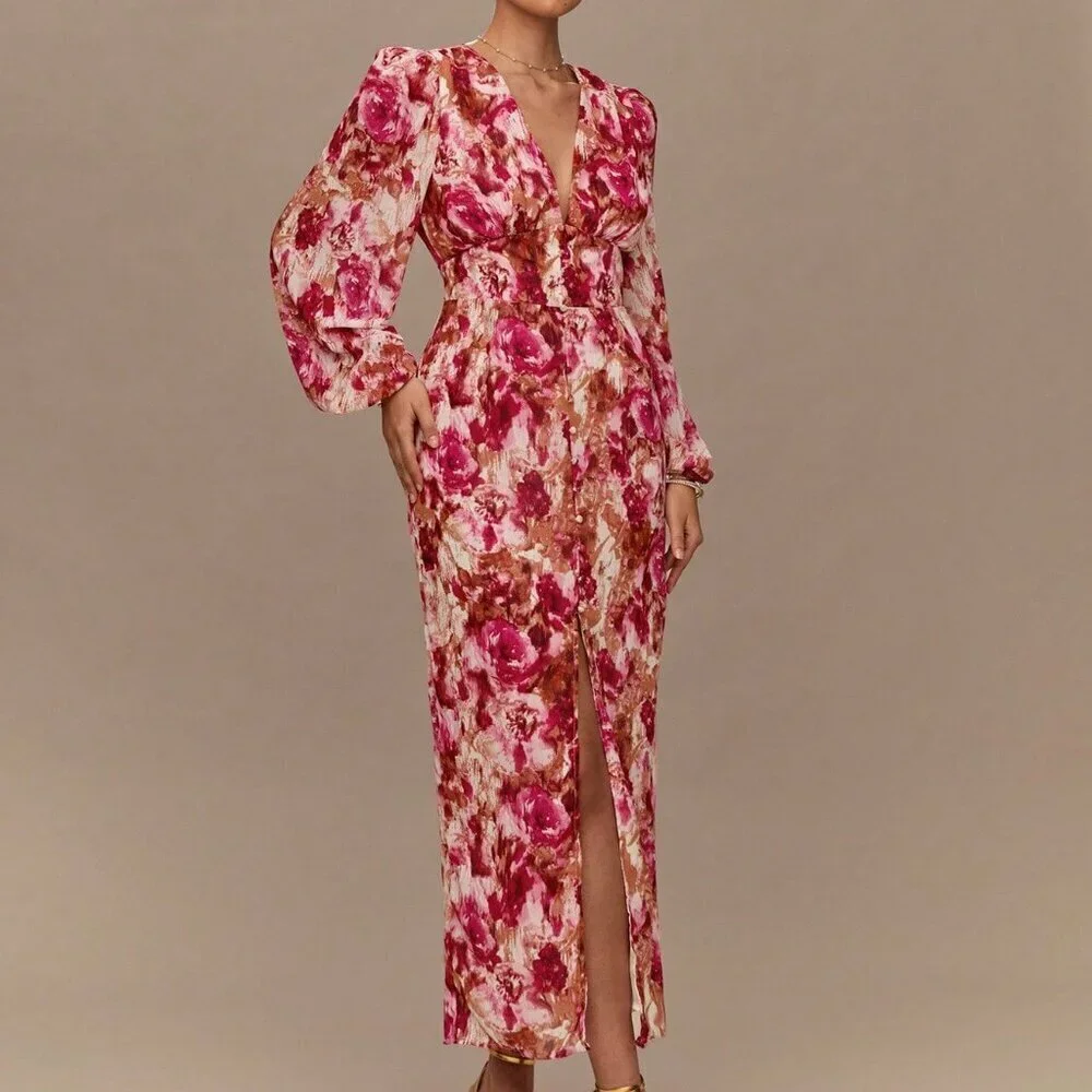 Hot Pink Boho Romantic Jacquard Women's Maxi Dress